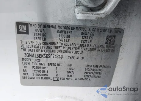 2014 Chevrolet Captiva Sport Lt z USA, uszkodzony, nr VIN 3GNAL3EK5ES674210